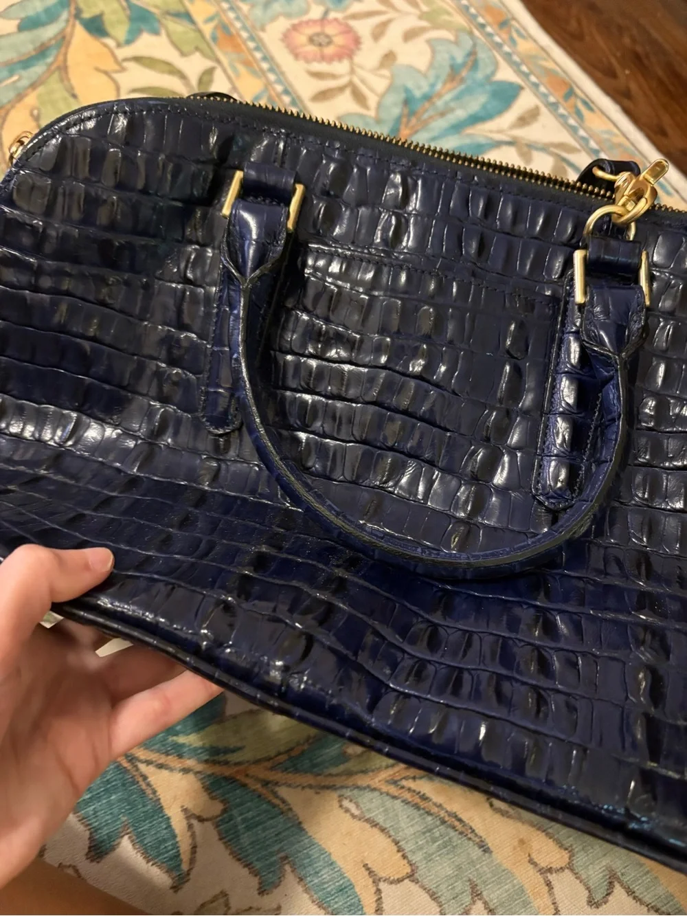 Brahmin Navy Croc-Embossed Satchel with Gold Hardware